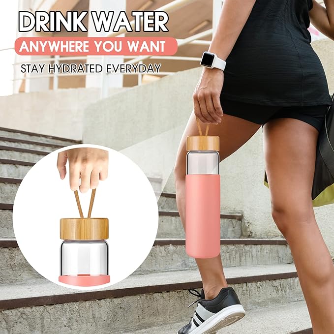 Borosilicate Glass Water Bottles with Silicone Sleeve BPA Free, Dishwasher Safe - Reusable Clear Glass Drinking with Leak Proof Bamboo Lid (Blooming Dahlia, 25 Ounces)