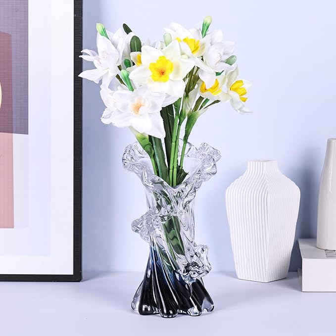 Hand Blown Blue Glass Vase, Unique Art Beautiful Ocean Glass Vase for Home Centerpiece, Coffee Table, Living Room, Office Decor - 8" H