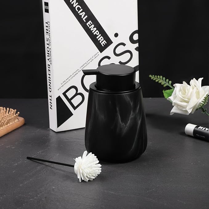 12Oz Foaming Hand Soap Dispenser - Ceramic Bathroom Foam Soap Dispenser with Easy-to-Press Black Pump, Refillable Lotion Hand Soap Dispenser, Dish Soap Dispenser for Kitchen, Marble Black