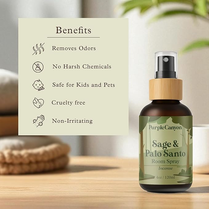 Purple Canyon Sage & Palo Santo Room Spray — 4 oz Natural Linen & Room Freshener — Earthy, Herbal & Woody Fragrance Mist — Cleanse & Refresh Home Atmosphere — Premium Natural Fragrance Oils