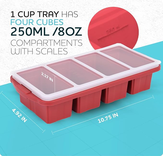 Silicone Freezer Tray With Lid - Soup Freezer Container molds - Large Ice Cube Tray- makes 8 perfect 1 cup portions cubes, 2-Pack Freezer Storage Food Soups & Meal Prep - Oven & Dishwasher -Safe