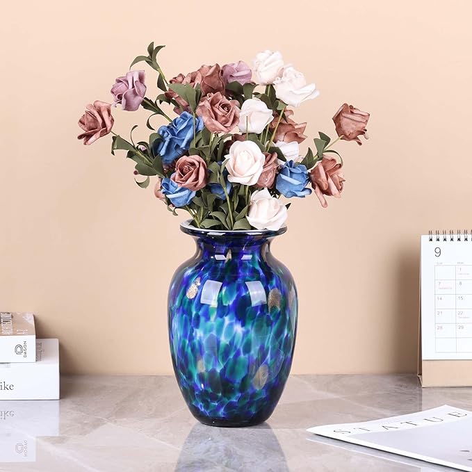 9" Cobalt Blue Blown Glass Vase – Hand Blown Wide Mouth Glass Art Sculpture, Coastal Sea Glass Decor Centerpiece, Unique Nautical Vase for Flowers, Bookshelf, Dining Room or Entryway (Blue)