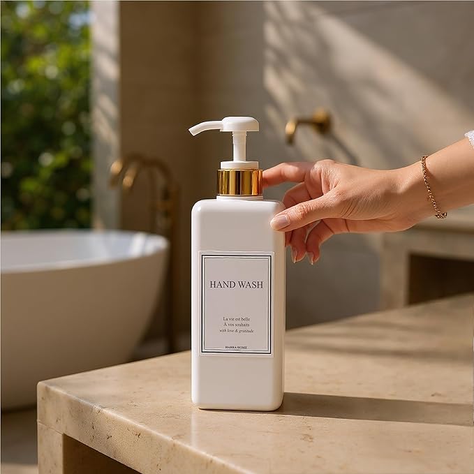 Modern Gold Design Large 27 oz Shampoo and Conditioner Dispensers - Empty Plastic Refillable Pump Bottle Set for Bathroom Shower Soap Dispenser, Gift Box Included, Set of 3 (White)