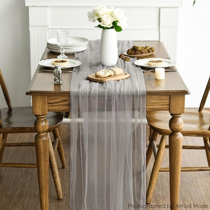 Artoid Mode 6PCS Grey Gauze Table Runner 120 Inch 10FT, Seasonal Sheer Kitchen Dining Holiday Wedding Birthday Baby Shower Table Decor for Home Party