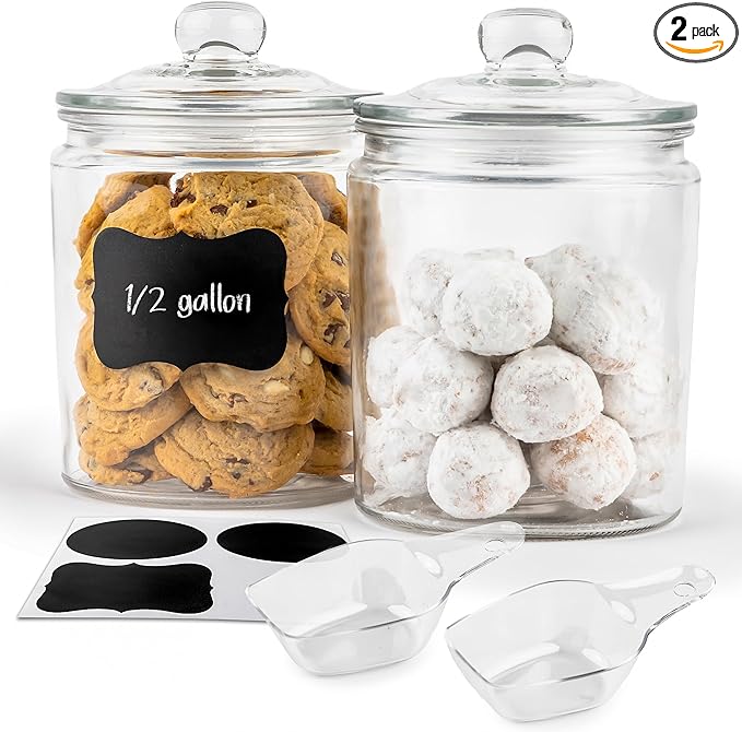 KooK Glass Storage Containers with Lids, 1/2 Gallon, Set of 2, Glass Kitchen Jars, Food & Cookie Storage Containers for Pantry, Bathroom Apothecary Canisters, Dishwasher Safe, Chalk, Label, Scoops
