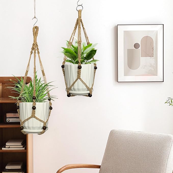 3 Pcs Macrame Plant Hangers,Indoor Different Size Hanging Planter Basket Flower Pot Holder with Beads,No Tassels Hanging Planter Basket with Wood Beads for Indoor Outdoor Home Decor