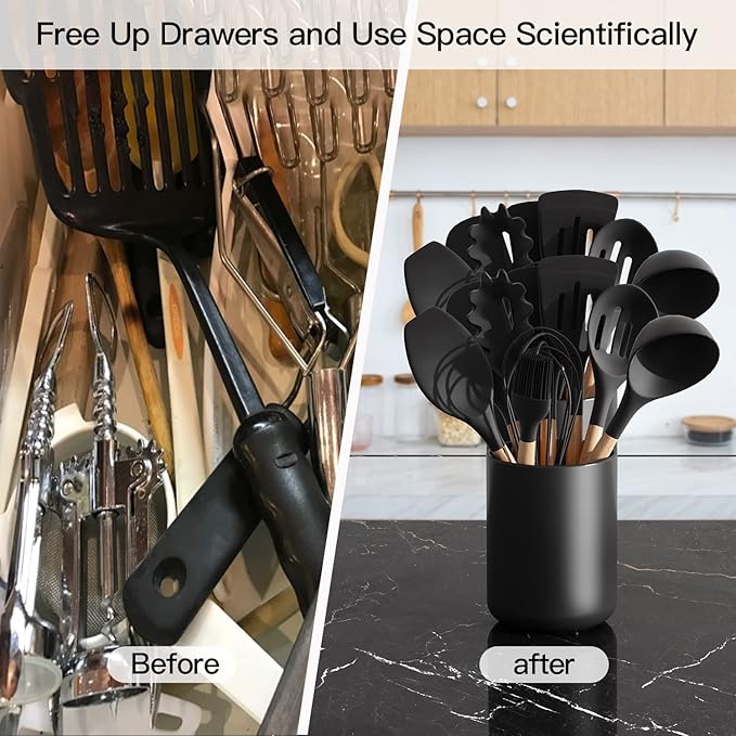 Black Kitchen Utensil Holder for Countertop, Matte Ceramic Utensils Crock for Kitchen Counter-top, Modern Spatula Holder, Cooking Utensil Holder Easy to Clean for Farmhouse 4.5×6.4 IN