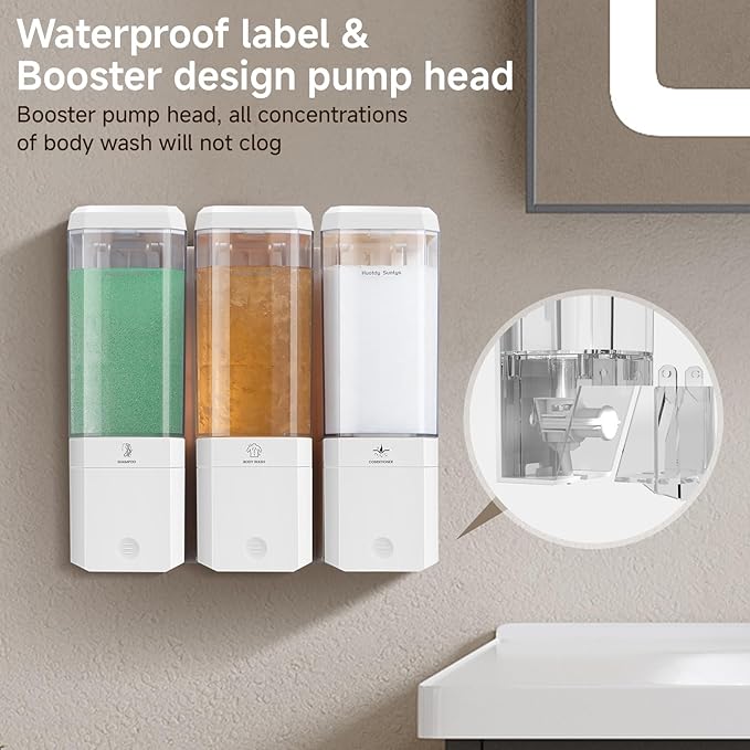 Shower Soap Dispenser Wall Mounted Shower Dispenser 3 Chamber No Drill Shampoo and Conditioner Dispenser Refillable Shampoo Dispener for Shower 3 * 500ml for Bathroom Hotel (Cream White 3 Chamber)