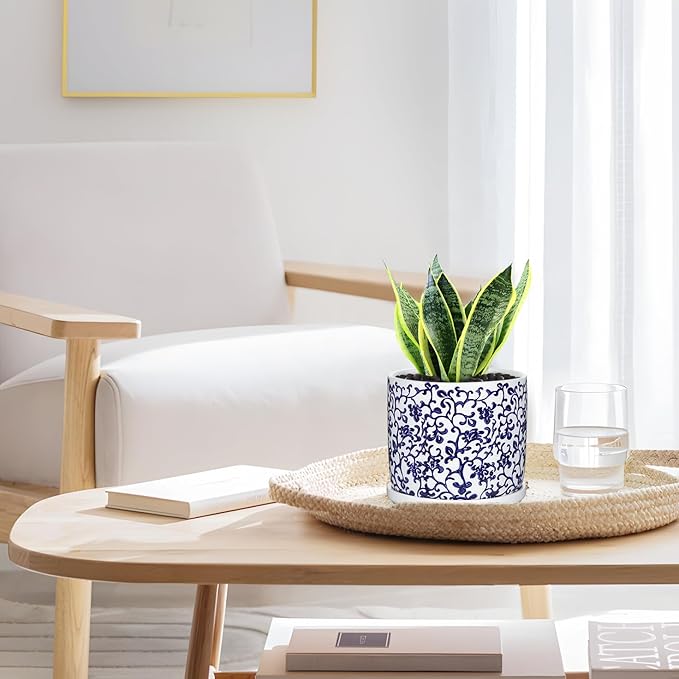 Set of 2 Blue and White Ceramic Plant Pots with Drainage Hole and Saucers, Retro Blue Porcelain Flowers Round Planters for Succulent Cactus Indoor Outdoor Garden Home Desktop Decor, 4.5+5.5 Inch