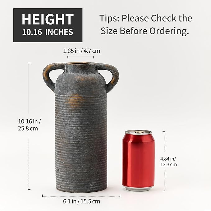 10.16" Tall Ceramic Rustic Vase for Home Decor, Terracotta Vase with Handles, Handcrafted Vintage Decorative Flower Vase for Farmhouse, Living Room, Table, Fireplace, Nightstand- Black Bronze