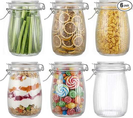 32 oz Wide Mouth Glass Mason Jars with Airtight Lid 6 Pack, Glass Canister, Striped Clip Fastening Jar for Kitchen Storage Canning, Oat, Coffee, Pasta, Snack, Nut, Candy and Pickling Food
