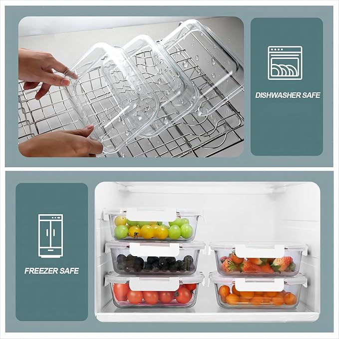 KOMUEE 30 oz 5 Pack Glass Meal Prep Containers 2 Compartments, Glass Food Storage Containers with Lids, Airtight Lunch Box, Microwave, Oven and Freezer Safe, White