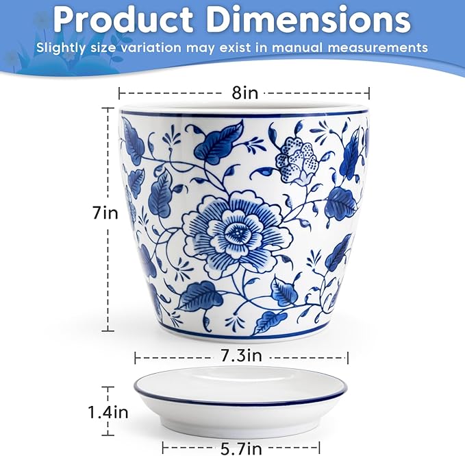 8 inch Ceramic Planters for Indoor Plants, Chinoiserie Decor Ceramic Pots for Plants Flower Plant Pots Indoor with Drainage and Saucer, Blue and White
