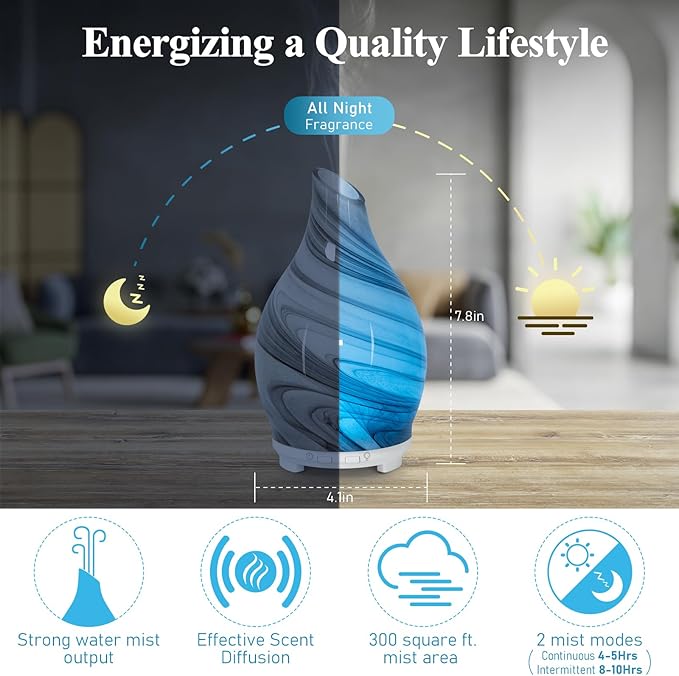Essential Oil Diffuser 120ML Glass Ultrasonic Aromatherapy Oil Diffuser-Aroma Humidifier Glass Diffuser,7 Color Changing Light Waterless Auto-Off-Ultra-Quiet for Sleeping Yoga Home Office and Spa