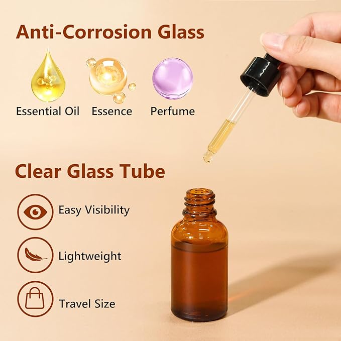 KEYWING 50 Pack 1/2oz Eye Dropper Bottles – 15ml Leakproof Amber Glass Bottles for Essential Oils, Tinctures, Hair Oils, Travel Liquids
