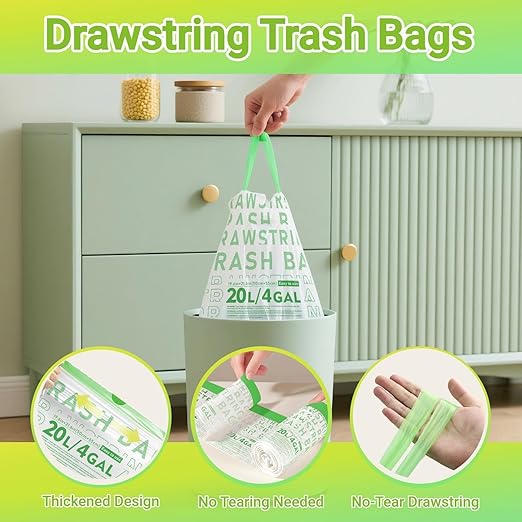 OKKEAI 4 Gallon Heavy Duty Drawstring Trash Bags, Green Printed Unscented Small Garbage Liners for Kitchen & Bathroom – 90 Count Leak-Proof