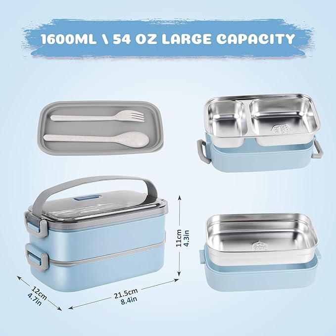 Bento Lunch Box for Kids Women Men, 47oz 2-Compartment Snack Salad Food Prep Pack Container for Lunch, Stainless Steel 2 Layers Stackable Lunch Containers for Adults and Teens Light Blue