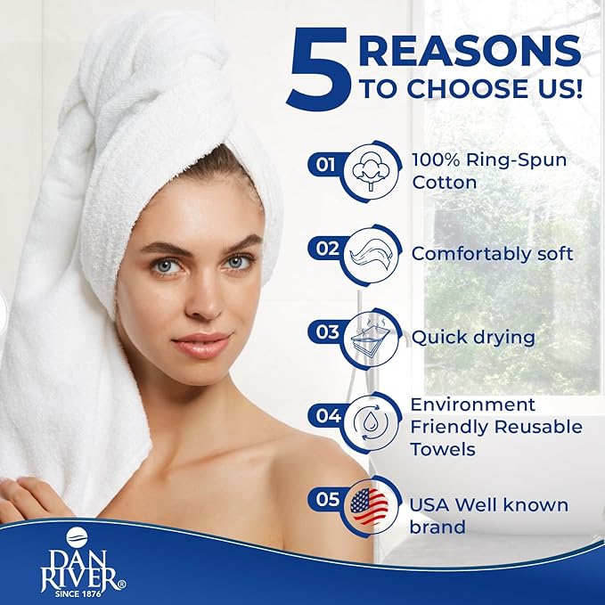 DAN RIVER 8 PC Luxury Bath Towels for Bathroom, 2 Bath, 2 Hand, and 4 Wash Cloths, 600 GSM 100% Ring Spun Cotton Towel Set, Highly Absorbent, Gym, Hotel, and Spa, White
