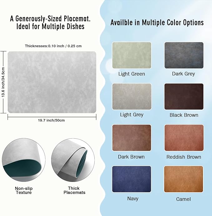 UnivoColors Washed Cowhide Pattern Faux Leather Big Size Placemats Set of 8, Waterproof Easy to Clean Anti-Slip PU Table Mats for Party Decoration19.7″×13.6″,Light Grey Retro Cowhide Pattern