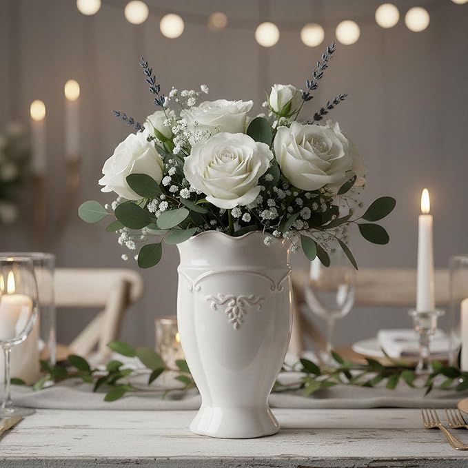 hjn White Ceramic Vase- French Flower Vase for Decor Small Vintage Vases for Flowers/Home Decoration/Kitchen/Table/Living Room/Shelf/Mantel/Office-Height-6.8"