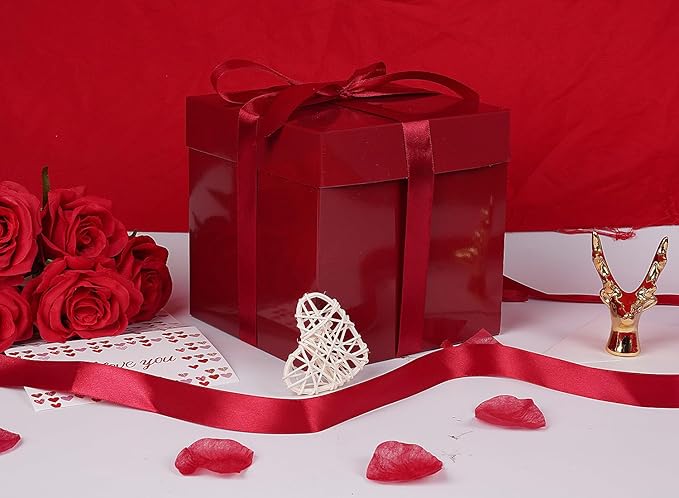 Jaywayang 5 Pack Red Gift Boxes with Lids, Ribbons and Tissue Papers Square Gift Boxes - 7.1 Inch - Christmas Presents Wrapping, Valentine's Day Decoration Party Favor Boxes.