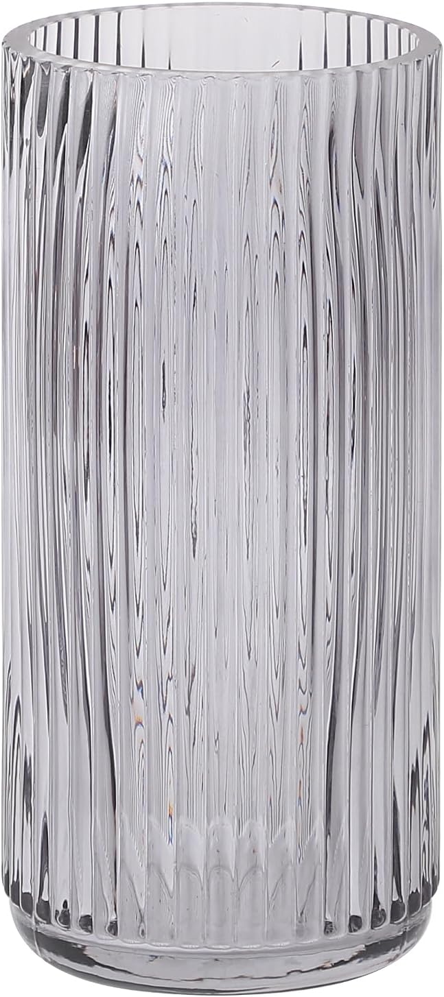 Ribbed Black Glass Vase - 8 Inch Modern Ribbed Vase for Flowers, Living Room, Bathroom, Dining Table, Office, Wedding, Centerpieces