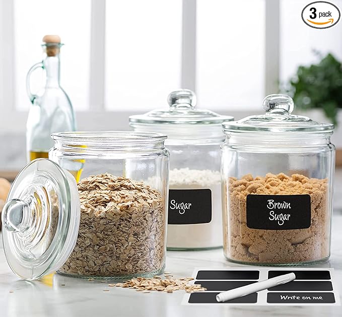 Le’raze 3pc Canister Sets for Kitchen Counter + Labels & Marker - Glass Cookie Jars with Airtight Lids - Food Storage Containers with Lids Airtight for Pantry - Flour, Sugar, Coffee, Christmas gift.