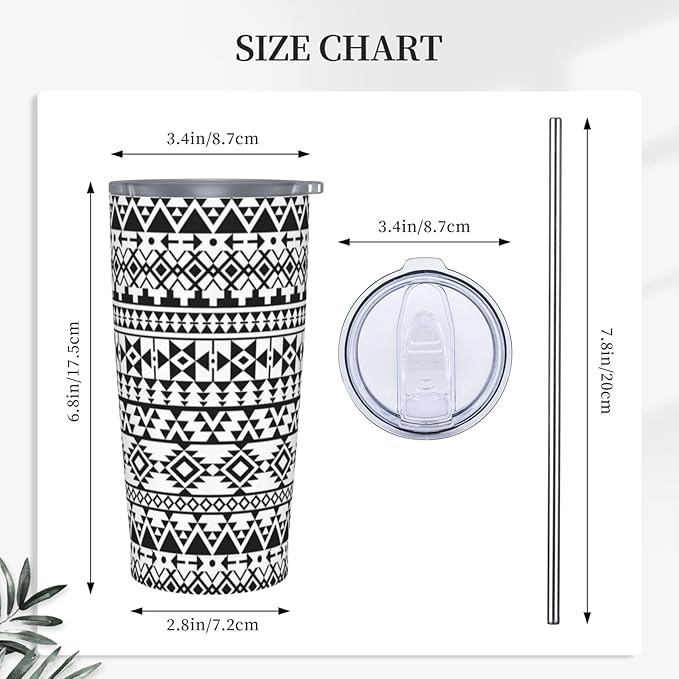 Black Navajo Print Tumbler,Geometric print 20oz Stainless Steel Insulated Travel Tumblers,Travel Coffee Mug with Lid and Straw Water Bottle Drink Tumbler Cups Gifts for Women Men Lovers