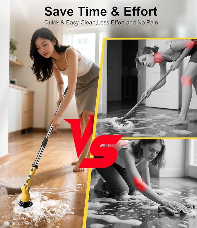 Electric Spin Scrubber with 8 Replaceable Brush Heads 6 Adjustable Angle Waterproof LED Display Cordless Cleaning Brush Supplies Bathroom Cleaner Set Long Handle Power Scrubber for Shower Floor Tub