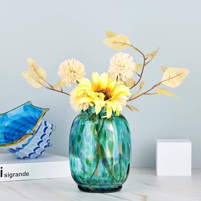 Blown Glass vase, Green Round Mouth vase, Modern Glass Art vase, Living Room Decorative vase for Living Room, Kitchen, Wedding, Dining Room Table, Office Centre Table with Flowers