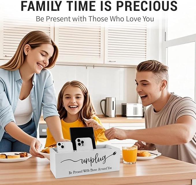 Bamboo Wood Phone Box – Unplug from Phones, Tablets, and Electronics for Study, Meetings, and Family Time, Phone Holder Organizer with Charging Holes, Farmhouse Style, Holds Up to 18 Phones-White