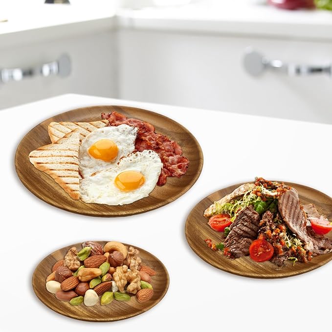 MinBoo Wooden Acacia Plates set of 3, 9-6Inch Wood Acacia Serving Trays, Farmhouse Kitchen Plates, Reusable Wooden Dishware for Dining, Appetizers, Snacks, Parties (oval)
