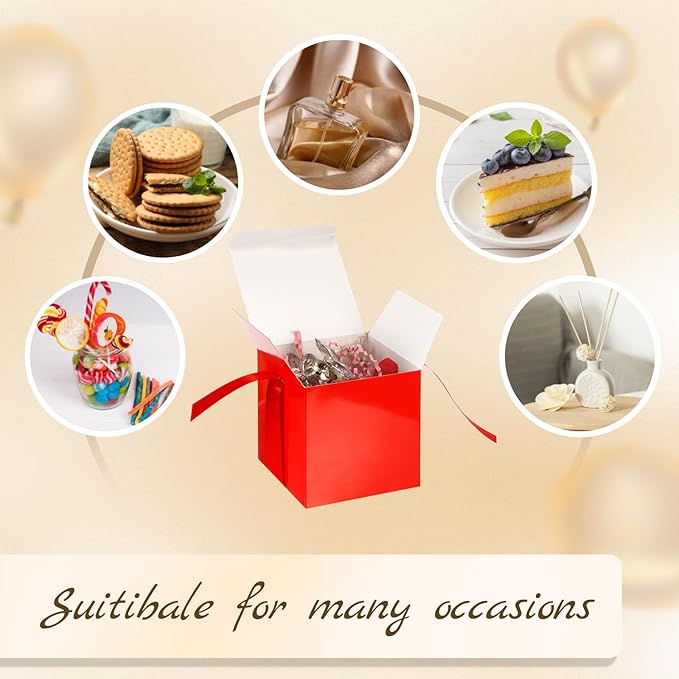 48 Pcs Christmas Gift Boxes with Ribbon Small Party Favor Boxes with Lids Mini Treat Candy Container for Wedding, Party, Birthday, Valentine's Day and More(Red,4 Inch)