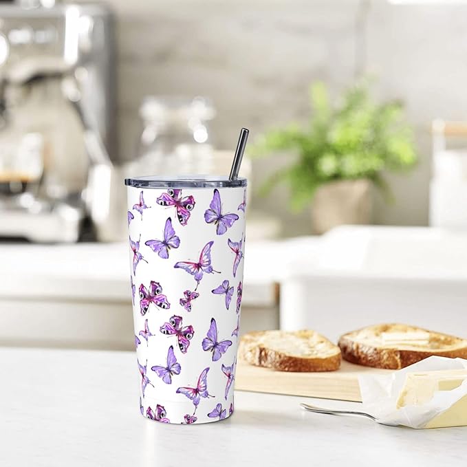 Pink Blue Butterflies Tumbler,Butterflies 20oz Stainless Steel Insulated Travel Tumblers,Travel Coffee Mug with Lid and Straw Water Bottle Drink Tumbler Cups Gifts for Women Men Lovers