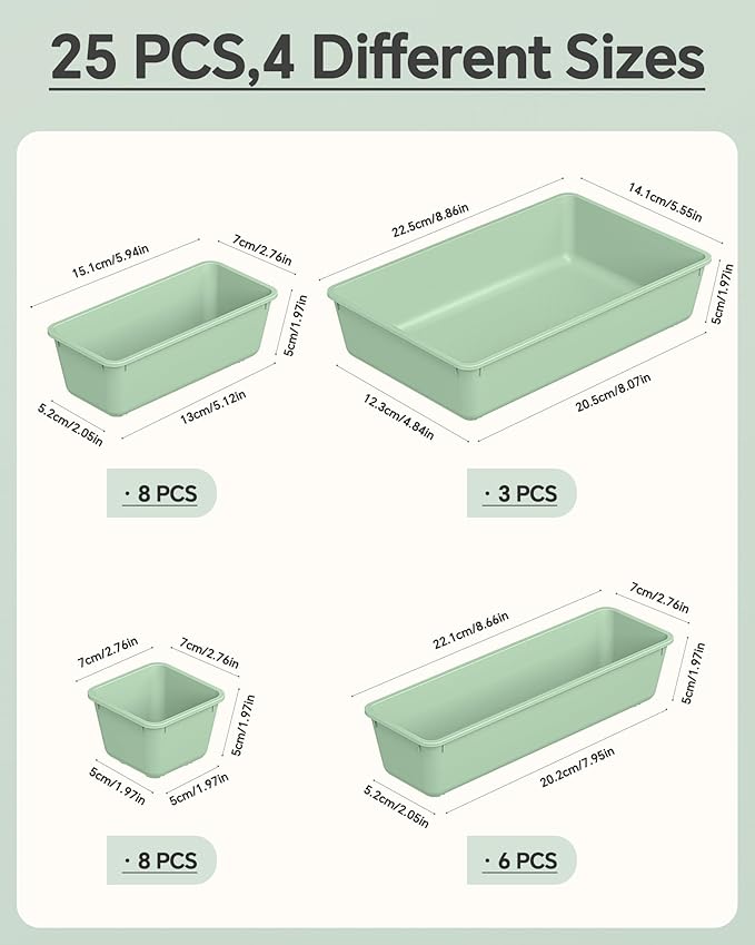 25 PCS Plastic Drawer Organizers Set, 4 Sizes Vanity Organizer, Makeup and Desk Drawer Organizer Trays, Organization and Storage for Makeup, Bathroom, Kitchen Utensils and Office (Green)