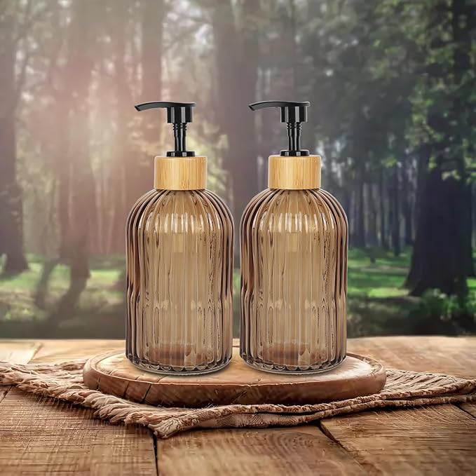 Amber Glass Soap Dispenser with Pump, 2 Pack 13.5oz Vertical Stripe Design Hand Soap Dispenser for Hand Wash, Dish Wash, Elegant Dispenser for Bathroom and Kitchen