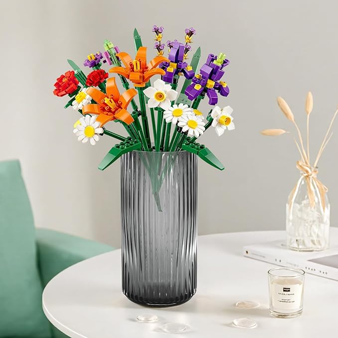 Modern Grey Glass Vase-11 Inch Tall Ribbed Glass Cylinder Vases for Flowers, Bouquet, Desk, Dining Table, Shelf, Decorative Flower Vase for Centerpieces, Home Decor, Living Room, Wedding