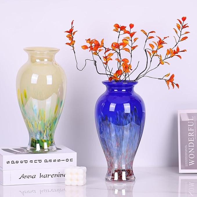 Hand Blown Glass Vase 11.8" Tall Beautiful Dark Blue Sea Wide Mouth Bud Vase for Table Centerpiece, Painted Colorful Murano Glass Flower Vases for - Home Entrance Wedding Center