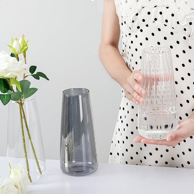8.3in Clear Glass Vase for Flowers, Ribbed Flower Vase for Table Centerpiece Wedding Home Decor, Modern Glass Vases for Living Room, Bedroom, Dining Table, Office, Birthday Housewarming Gift (Striped)