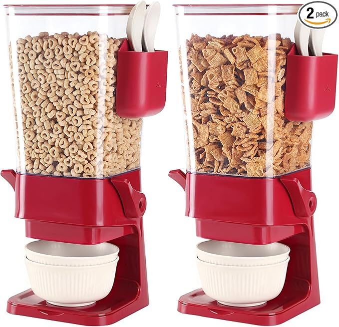 Cereal Dispenser Countertop Red 2 Pack with Creal Bowls Spoons Cutlery Box, Cereal Containers Storage - Not Easy to Crush Food, Dry Food Dispenser For Pantry Candy Snack