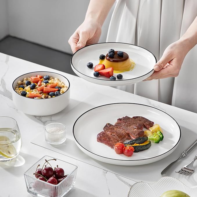 MALACASA Plates and Bowls Sets, 24 Pieces Modern Porcelain Dinnerware Set for 8 White Kitchen Dinner Dining Ware Set wtih Black Rim Ceramic Dishware Dishes Microwave and Dishwasher Safe, Series LUNA