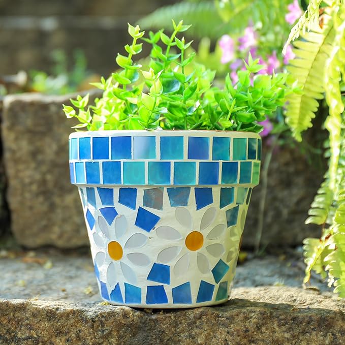 4" Mosaic Terracotta Flower Pot Small Succulent Planter with Drainage Mini Succulent Nursery Pot for Indoor Outdoor Plants Light Blue