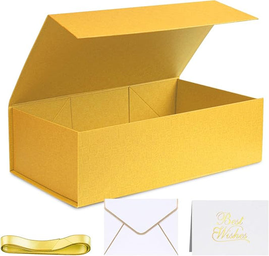 VGOODALL Yellow Magnetic Gift Box, 14x8.7x4.3inches with Lid and Ribbon, Perfect for Bridesmaid Proposals and Party Favors
