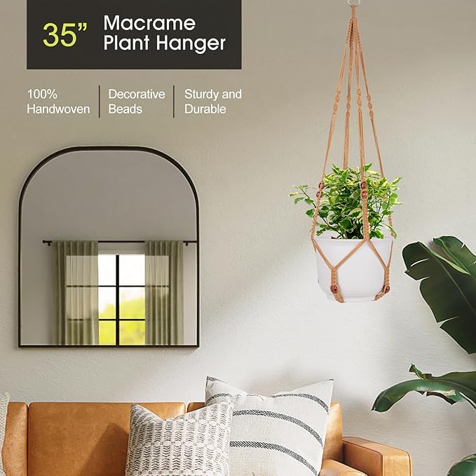 Macrame Plant Hanger for 5 to 10 Inch Plant Pots, Set of 2 Indoor Handmade 35 Inch Woven Rope Hanger Kits with Hooks and Wood Beads, Hanging Planter Basket Holder for Boho Home Decor (Brown, 2 Pack)