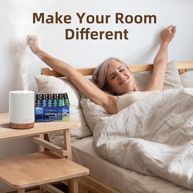 ASAKUKI Essential Oil Diffuser, Aromatherapy Cool Mist Home Humidifier with 7 LED Color Changing Light and Auto-Off Safety Switch, 6 Essential Oils Set, 300ml (Brown with Oils)