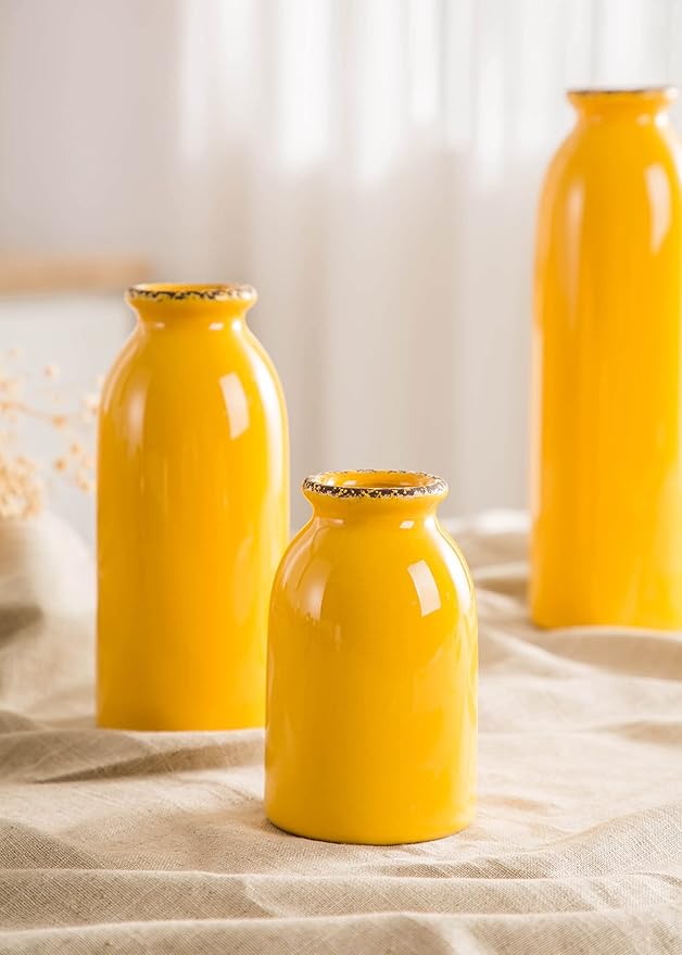 CWLWGO-Ceramic Yellow Vase Set of 3, Home Decorative Vases,Modern Farmhouse Decoration, Living Room Accents & Dining Table Centerpieces,Idea Bookshelf Décor, Mantel and Entrance Decorative.