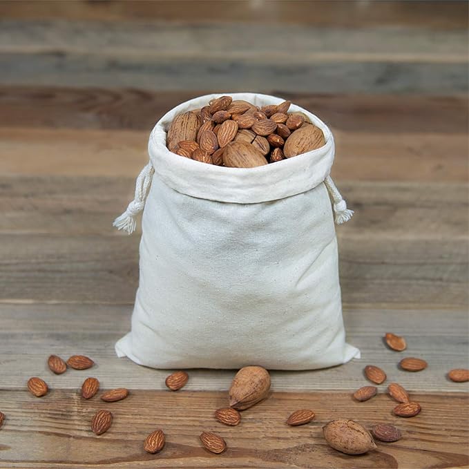 TOPDesign 12-Pack 8” x 10” Reusable Produce Bags, Muslin Bags with Drawstrings for Shopping & Storage, 100% Natural Cotton, Washable, Biodegradable, Food Safe