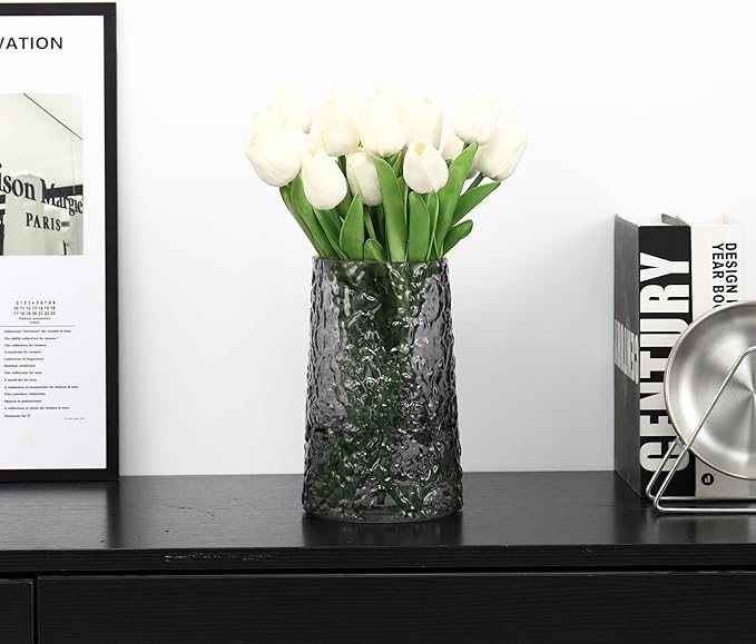 Black Glass Vase, Flower Vases for Bouquet, Modern Glass Vase for Flowers, Large Vases for Living Room, Bedroom, Kitchen, Office, Wedding, Dining Table, 8 Inches