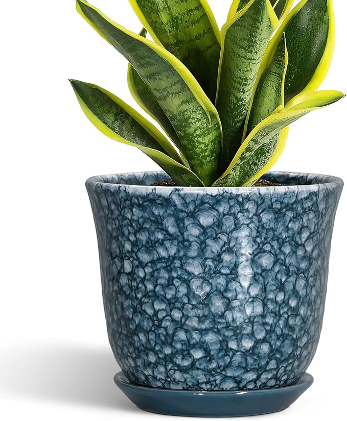 8 Inch Plant Pot - Ceramic Planter for Indoor Outdoor, Round Planter with Drainage Hole and Saucer, Modern Planters, Decorative Flower Pot, Garden Room Office Home Decor, Garden Gifts, Blue