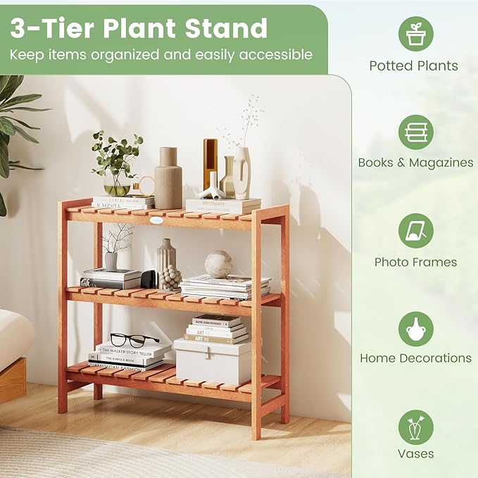 Giantex 3-Tier Plant Stand Indoor, Solid Wood Flower Pot Display Rack w/ Slatted Shelves, Take Oil Finish Bookshelf Shoe Rack, Indoor Outdoor Storage Shelf for Patio Garden Balcony Home Living Room Entryway